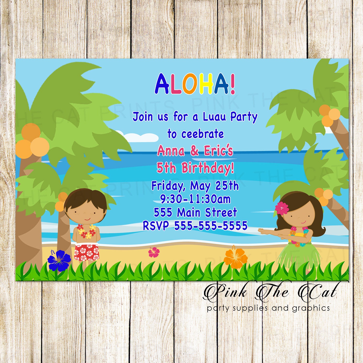 Luau Invitation - Birthday Girl Party Hawaiian Hawaian Invite Theme