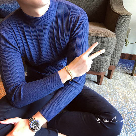 Autumn and Winter Mens Fashion Striped Boutique Wool Blend Casual Round Neck Knitted Sweaters / Mens Slim Warm Sweater - royal blue, xl (eur s)