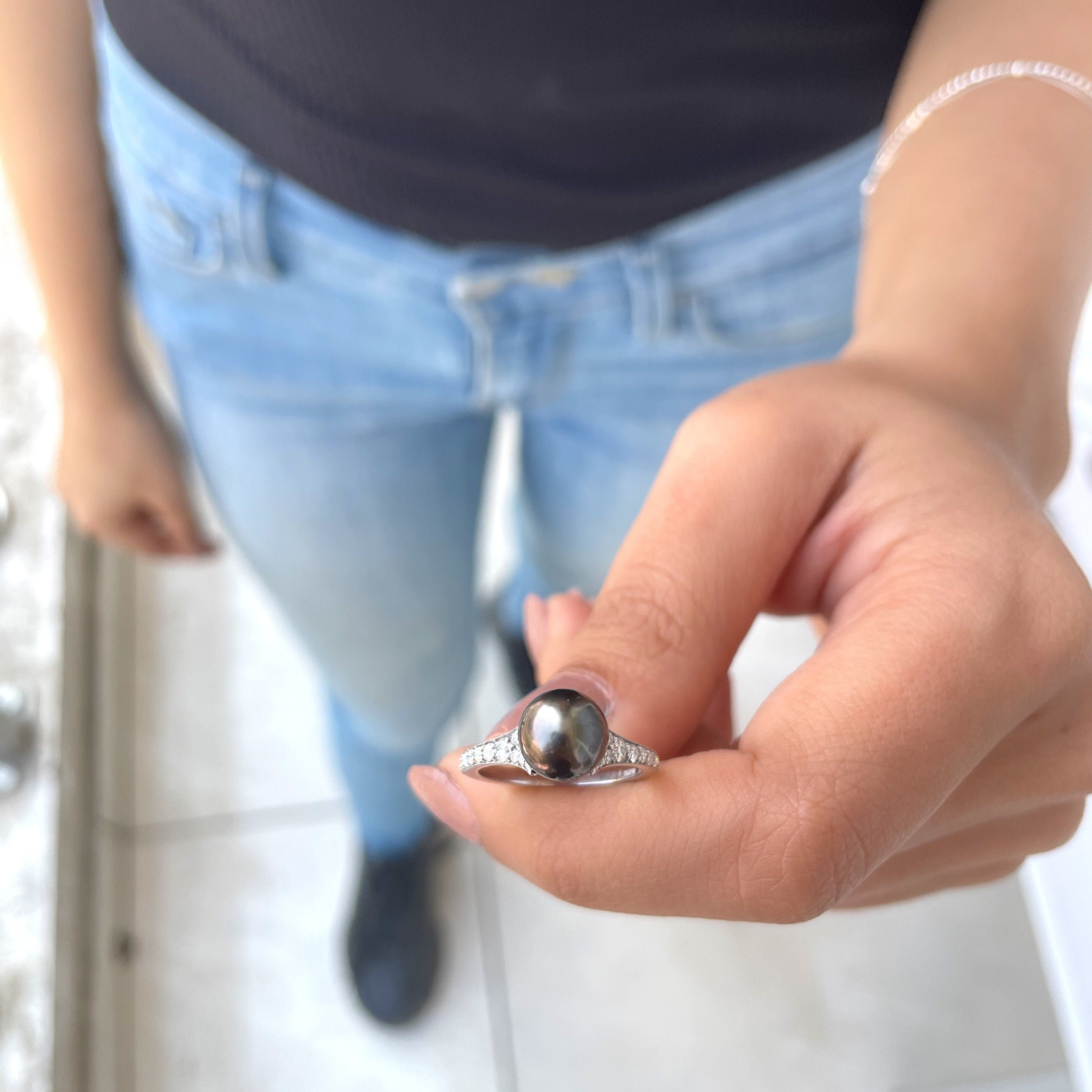 5 Ct Pearl & Moissanite Ring, Tahitian Solitaire Engagement Ring