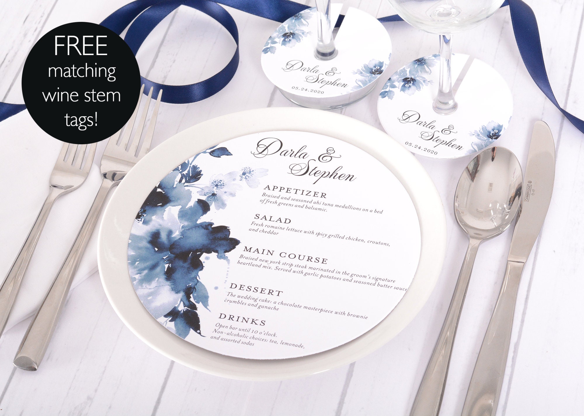 Round Wedding Menus - Plate Free Matching Wine Stem Tags 6.5 Blue Floral Menu Dinner #wdim-332