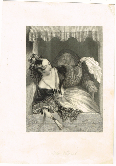 Antique Vintage, Victorian Beautiful Lady Engraving Print " The Signal By Dyce