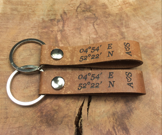 Personalised Set Of 2 Keychains, Leather Keyring, Laser Etched, Coordinate Keyfob, Long Distance Gift For Husband, Couple