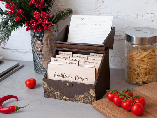 Mushrooms Recipe Box 4x6, Personalized Card With Dividers & Cards, Gift For A Sister On Wedding Day, Wooden Holder