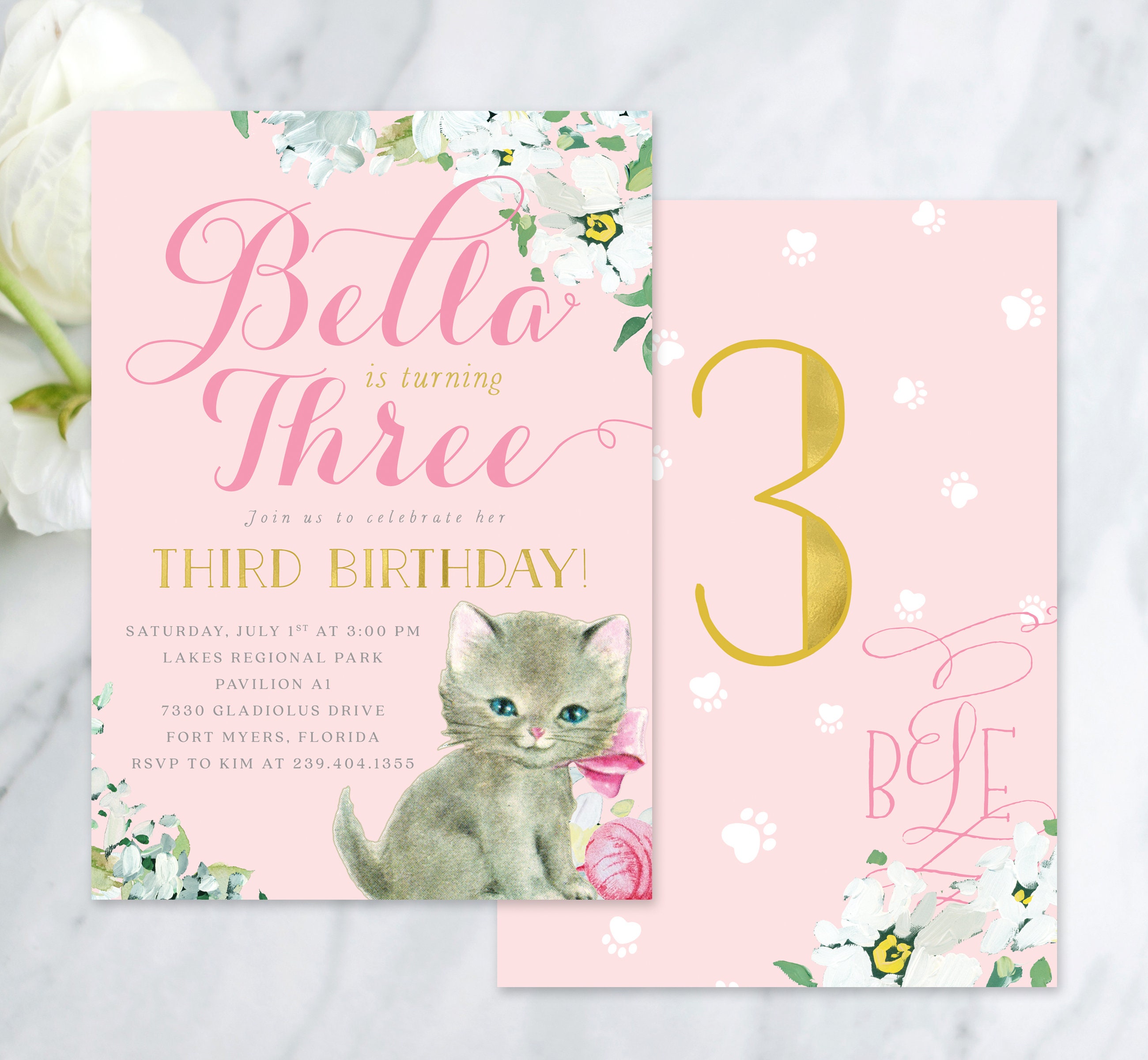 Kitten Birthday Invitation, Cat Kitty Invite, Third Party Invitation Girl, Any Age Bella