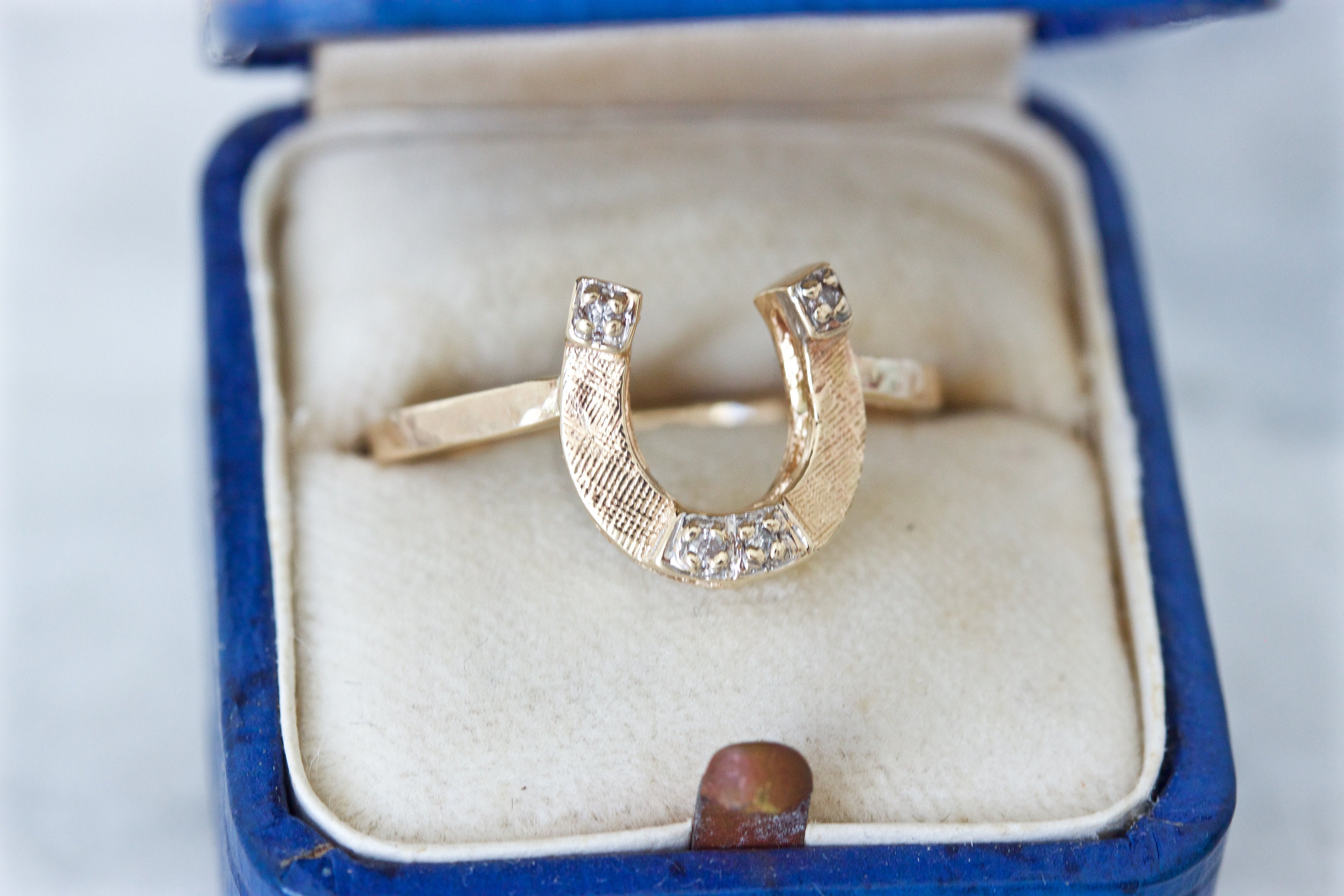 Dainty Vintage Horseshoe Conversion Ring, 14K Yellow Gold Size 8.5, Diamond Accents, Hammered Finish, Skinny Band, Fine Estate Jewelry