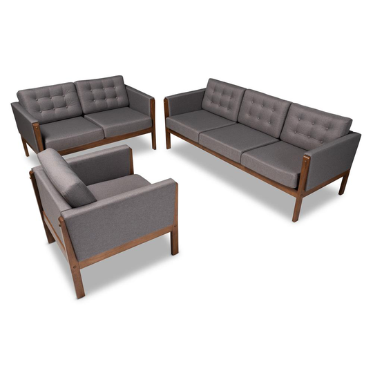 Baxton Studio Lenne Midcentury Polyester/Polyester Blend Grey/Walnut Living Room Set in Gray | 158-9293-9295-LW