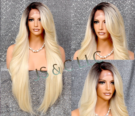 Luscious Human Hair Blend Full Lace Front Wig With Feathered Sides Long Swept Bangs N Natural Side Parting in Bleached Blonde Dark Top