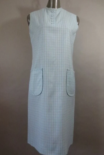 Vintage 1960's Mod Shift, Sleeveless Dress, Decorative Front Buttons, Cotton Blend, Union Made, Back Metal Zipper, Pockets, Belt Loops