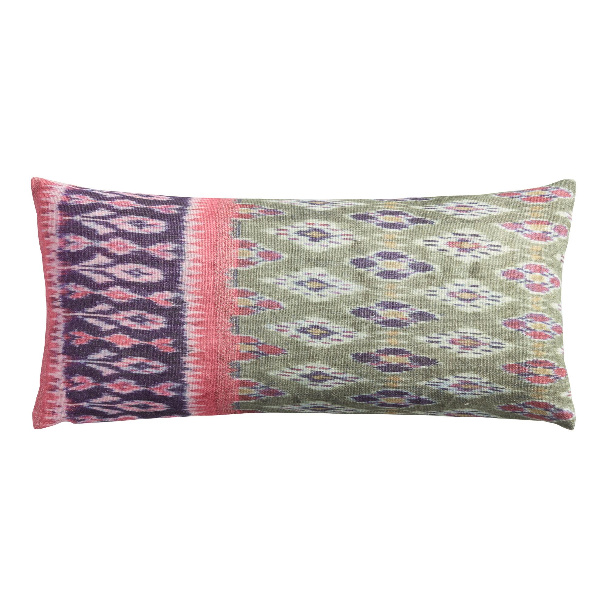 Oversized Blue, Pink And Green Ikat Printed Lumbar Pillow: Multi - Cotton by World Market