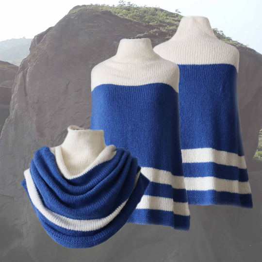 Poncho/Collar Scarf, Brushed Alpaca Blend Color Blue White, To Wear As Poncho Or A Scarf