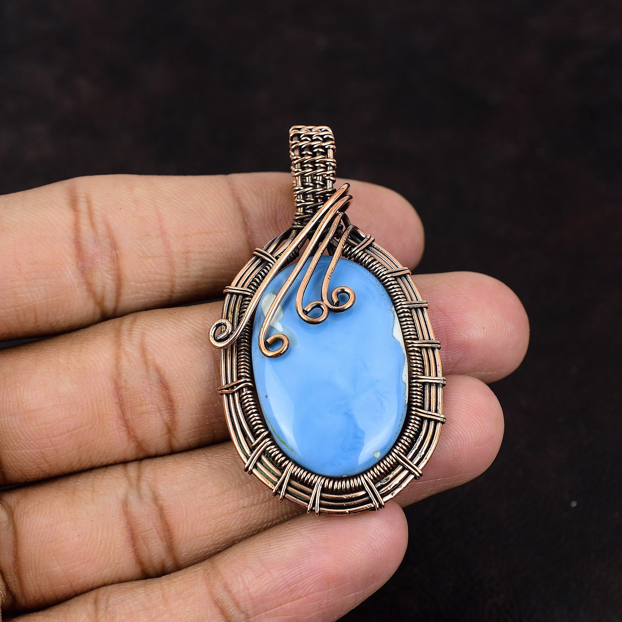 Owyhee Blue Opal Pendant Gemstone Copper Wire Wrapped Handmade Gift For Mother Jewelry Women