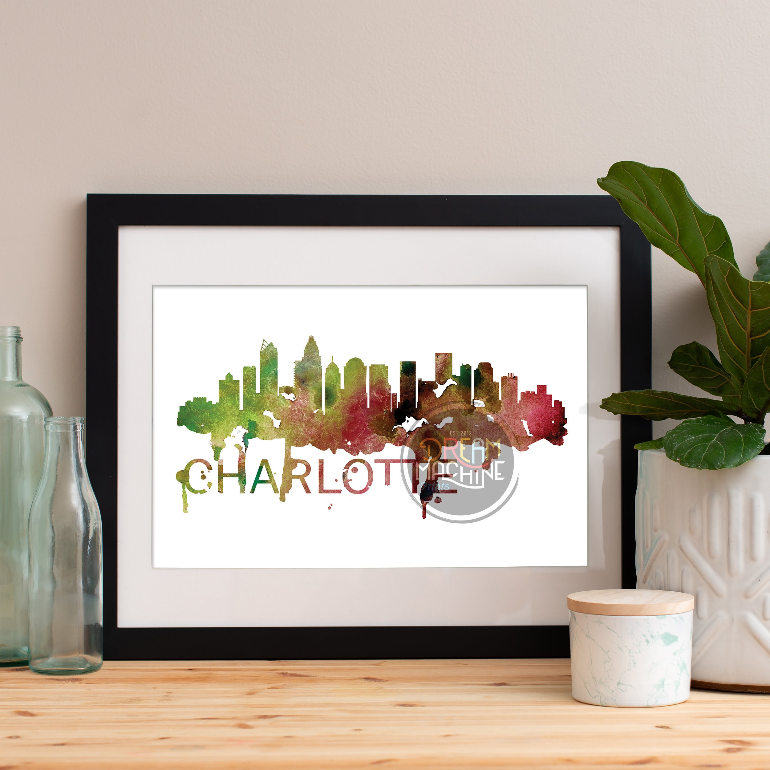 Charlotte Watercolor Skyline, Art, Poster, Print, Map