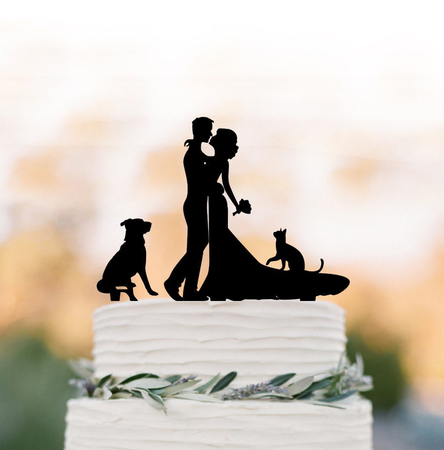 Bride & Groom Silhouette Wedding Cake Topper Cat Dog, Toppers With Couple Silhouette