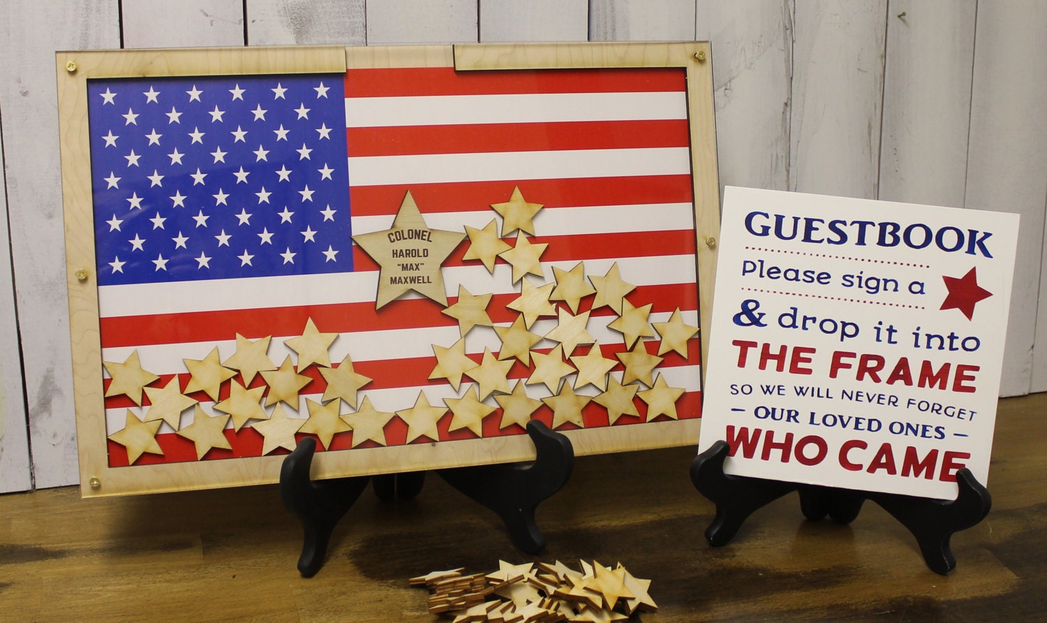 Personalized Guest Book/Flag/Patriotic/Deputy/Retirement/Heart Drop Book/Wood Shapes/Alternative/Unique/Book Frame/Colonel/Large
