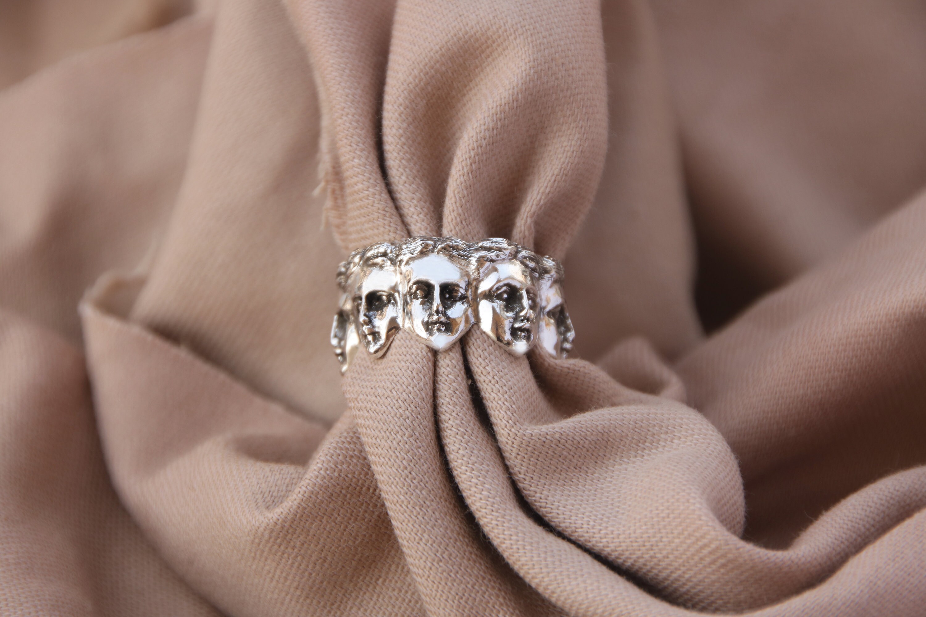 Face Sculptured Ring, Sterling Silver Band Delicate Textured Ring