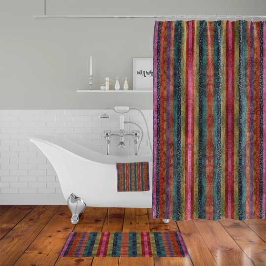 Boho Chic Shower Curtain, Batik Stripes, Optional Bath Mat & Towels