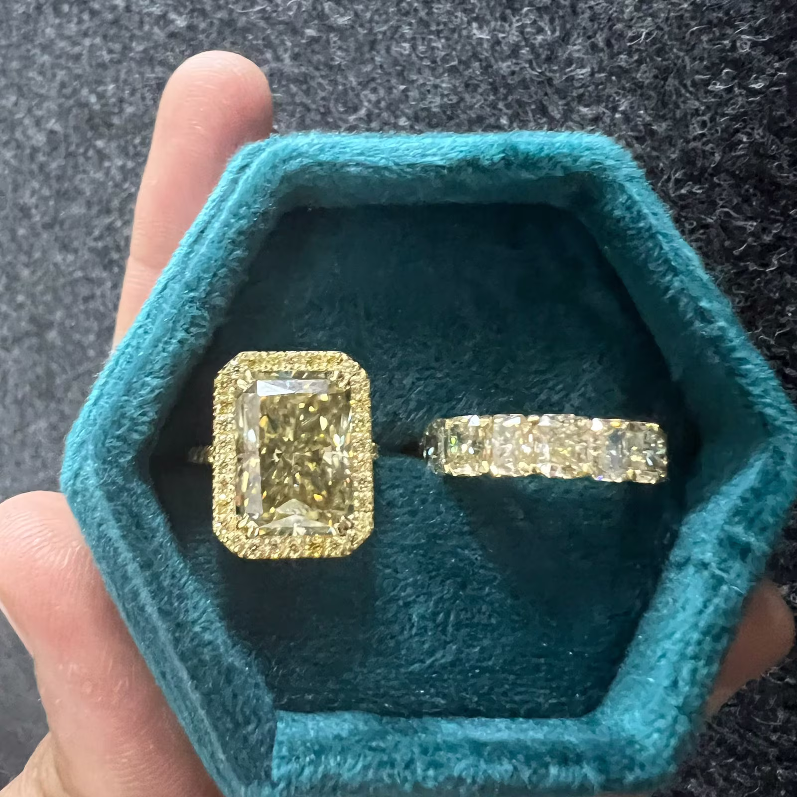 8Ct Fancy Yellow Elongated Radiant Moissanite Diamond Engagement Or Bridal Set