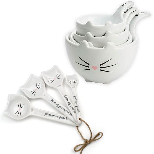 Ceramic Baking Measuring Cups & Spoons Set, Cat Decor Cute Supplies, Gift, Mothers Day Gift Basket