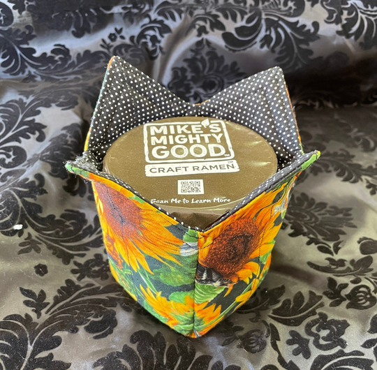 Ice Cream Cozy Buddy Bowl Holder Ramen Soup Pot Sunflowers With Birds & Black White Polka Dots