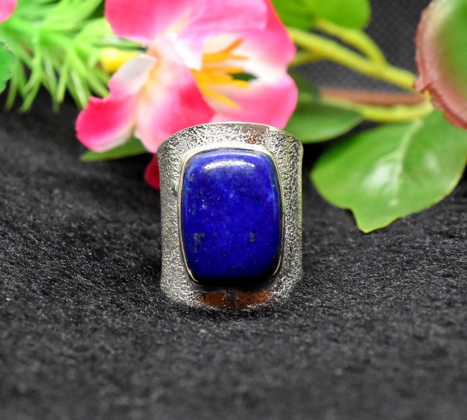 Lapis Lazuli Size 7.5 +Us Silver Ring, Handmade Adjustable Birthstone Statement Big Band, Cabochon Ring