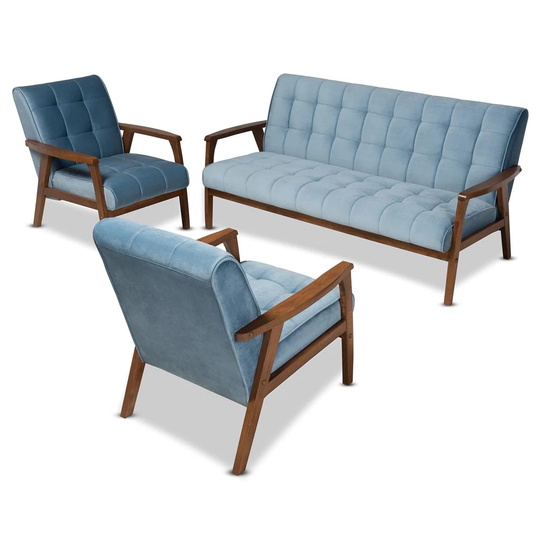 Baxton Studio Asta Midcentury Polyester/Polyester Blend Light Blue/Walnut Living Room Set | 160-9942-9944-LW