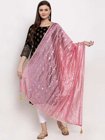 Women's Silk Blend Pink & Gold-Coloured Striped Dupatta Free Shipping