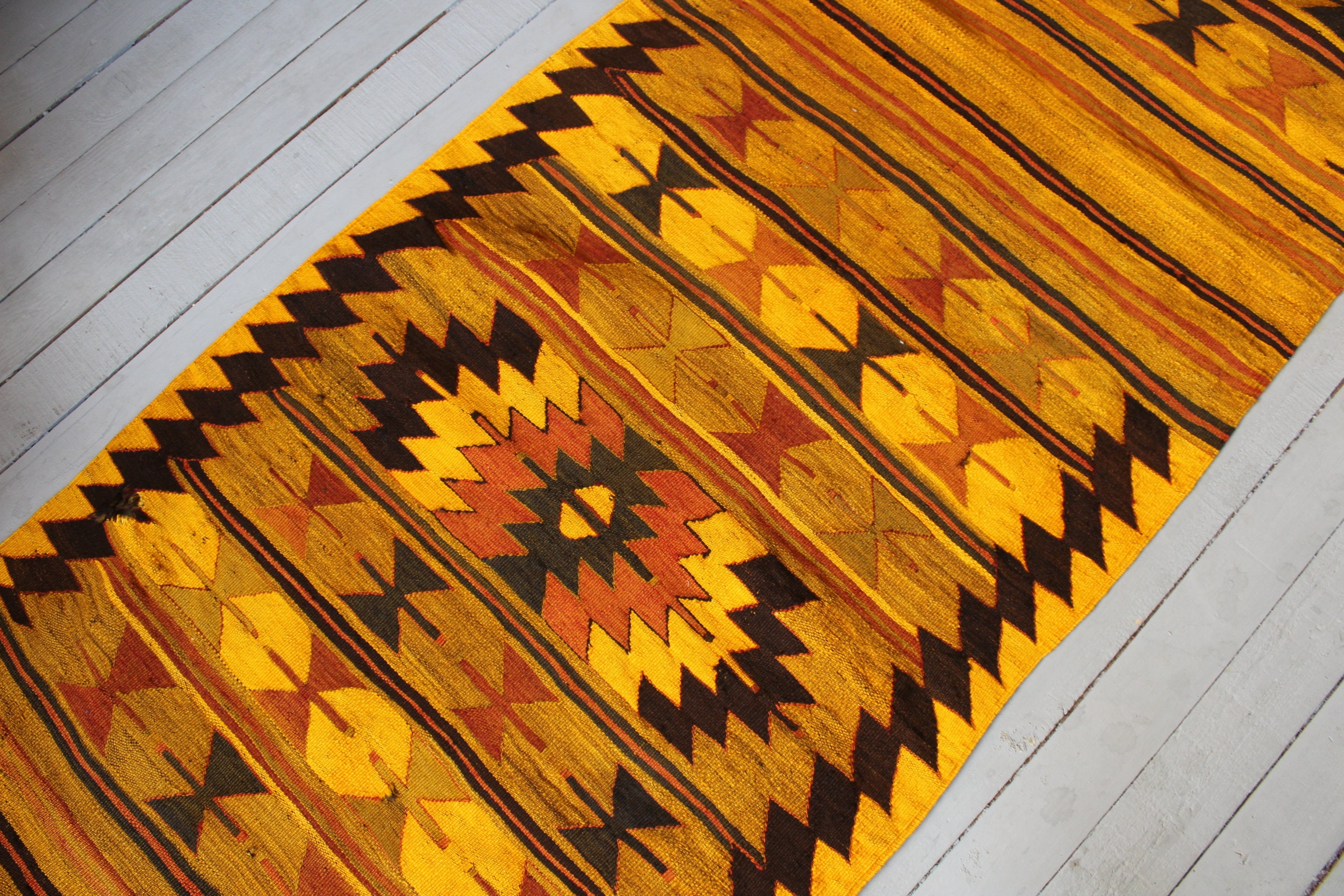 Kilim Runner , Vintage Handwoven Wool Yellow Kilim Runner Rug, Bohemian