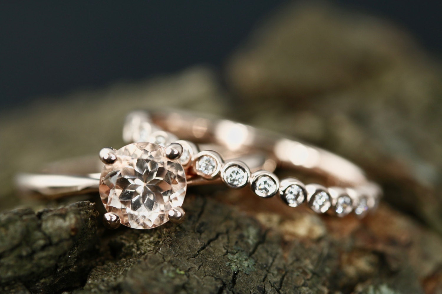Rose Gold Morganite Round Wedding Set, Engagement Ring, 6mm Ring Set