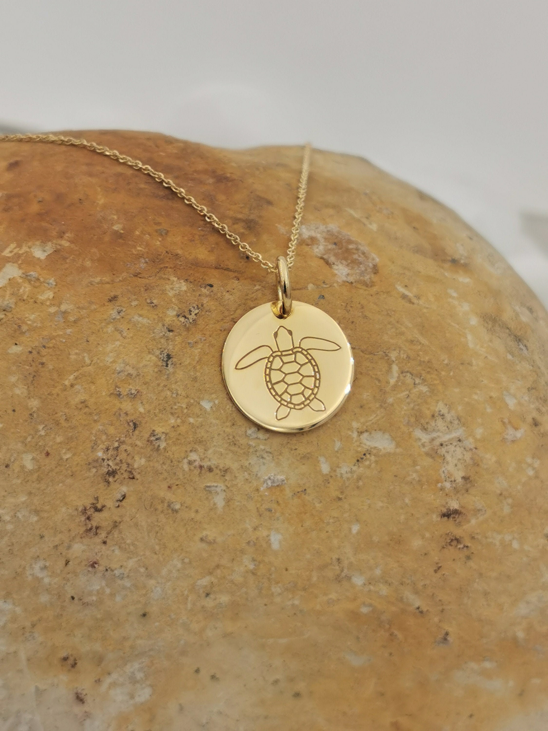 Dainty 14K Solid Gold Turtle Necklace, Personalised Pendant , Disc Gift