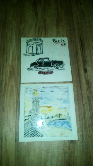 2 Vintage Hand Painted Glazed Tiles Paris France 1959. Vintage Car. 6 Inches