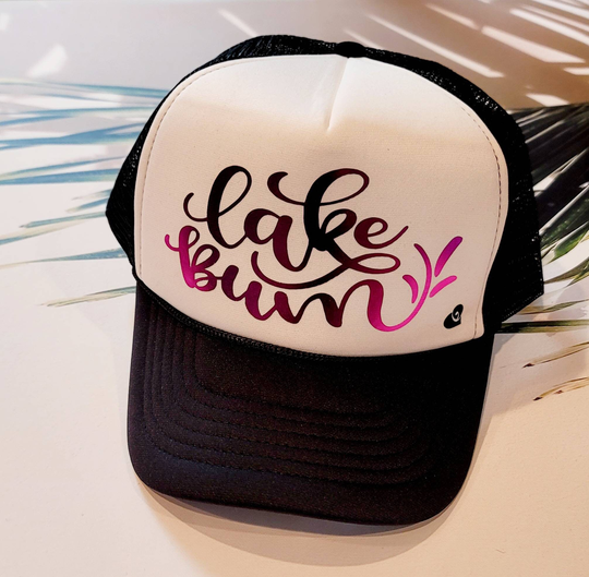 Lake Bum Black & White Trucker Hat, Lake Hat Summer Hat, With Print, Customizable Hat