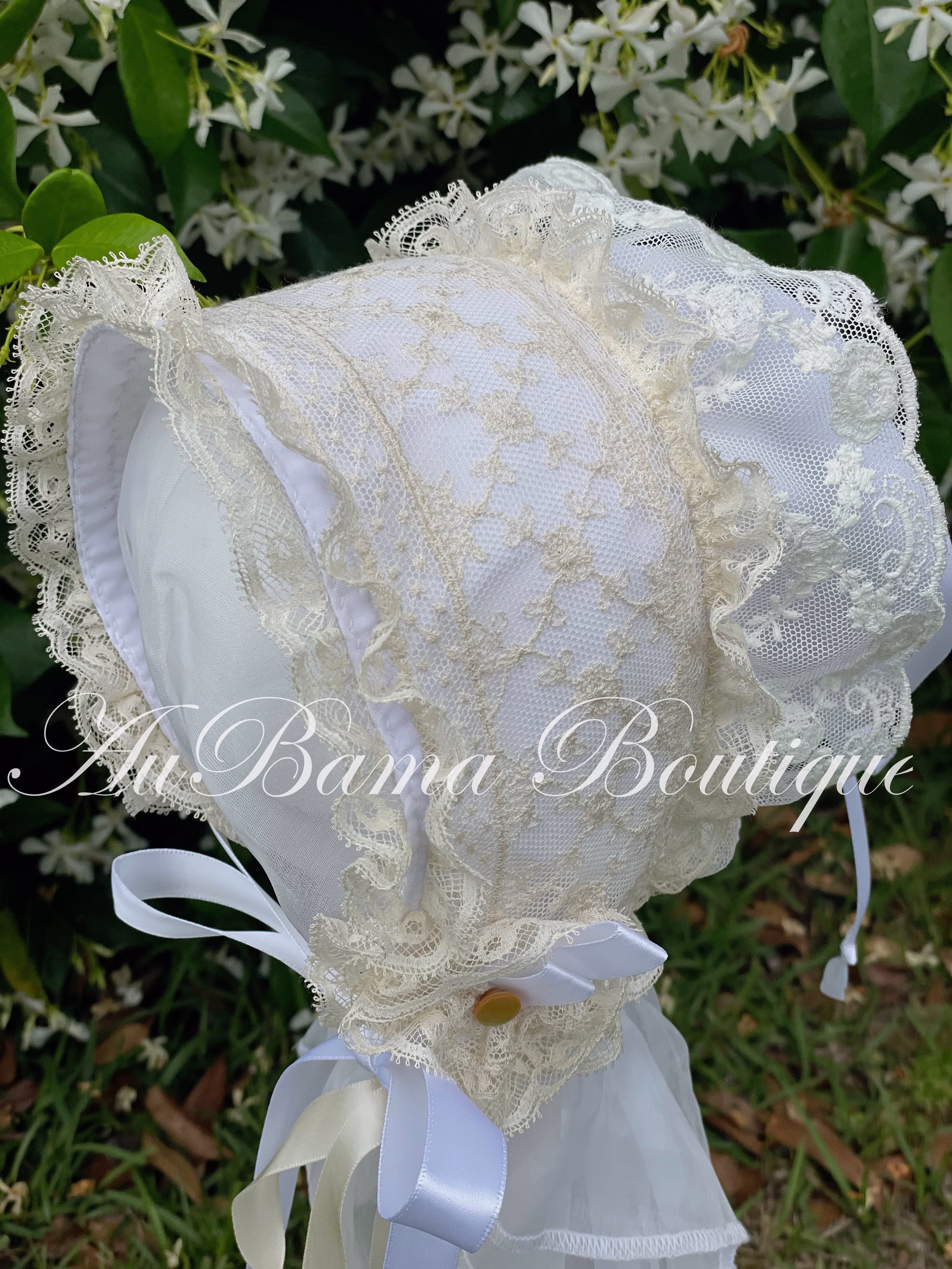 English Netting Double Ruffle Lace Bonnet