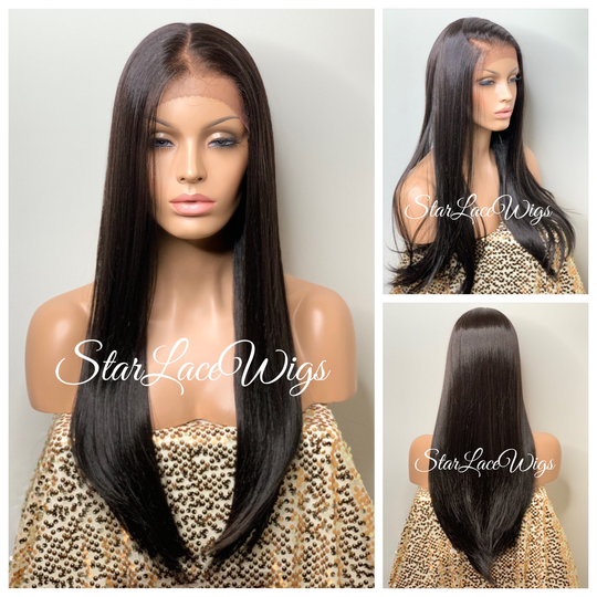 Human Hair Blend Long Black Lace Front Wig Straight 13x4 Parting Space Heat Resistant Wigs For Women Glueless Natural Looking Free Part