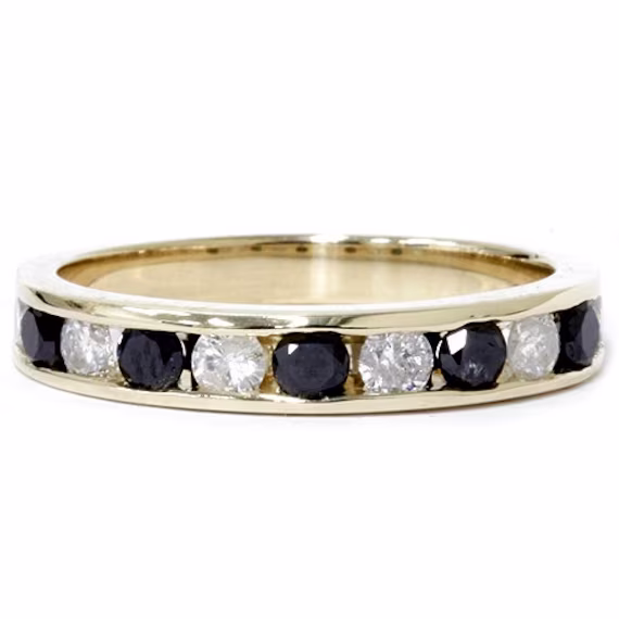 Black & White Diamond Channel Set 14K Yellow Gold 1.00Ct Wedding Anniversary Ring Band Size 4-9