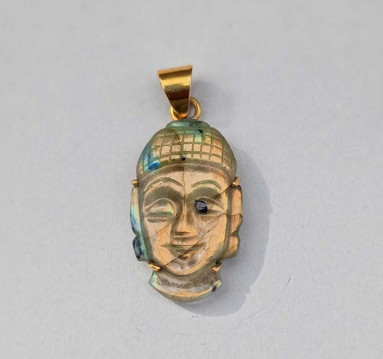Buddha Head Pendant | Raw Labradorite Gold Birthstone Brass Gift For Her