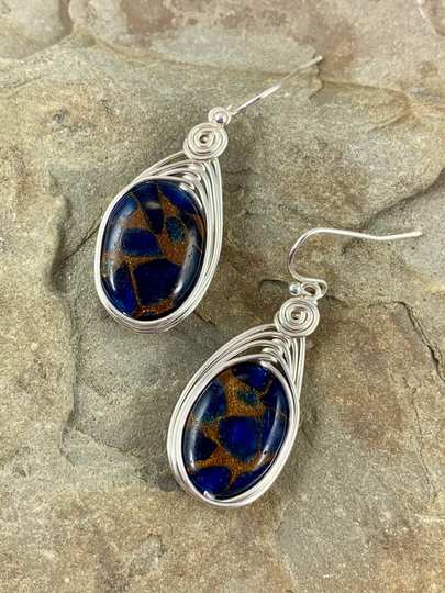 Blue Mosaic Quartz Earrings Gift For Women, Unique Stone Earrings, Natural Gemstone Jewelry, Fun Bohemian Cobalt & Copper