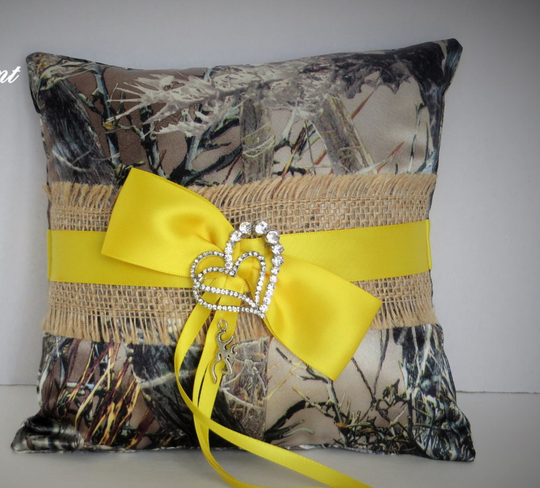 Burlap Brown Camo Ring Bearer Pillow, True Timber Camoring Pillow With & Yellow Accents, Wedding