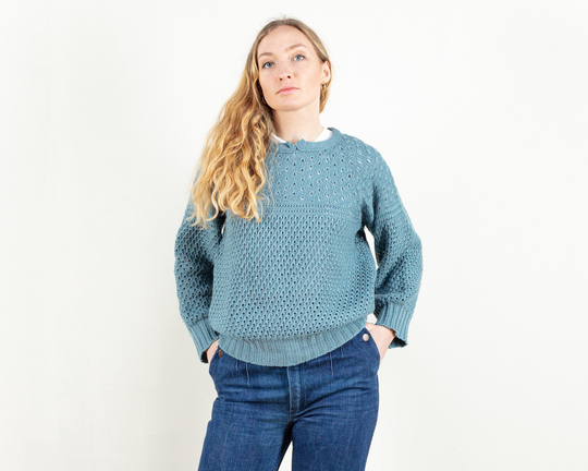 Wool Blend Sweater Pointelle Pattern Blue Knitted Sweater Patterned Pullover Winter Ski Jumper Northerngirlstore Size Medium