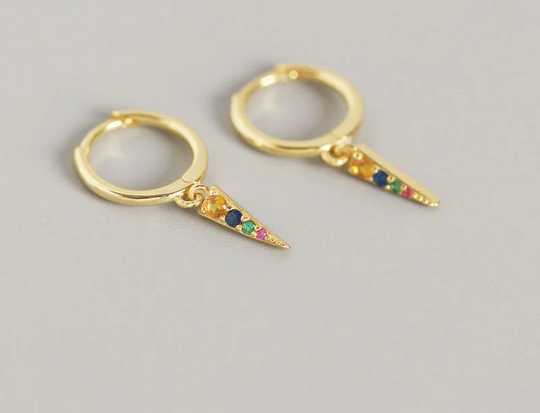 Rainbow Zircon Earrings, Small Earrings, Tiny Hoop Earrings, Dangle Charm Hoops Charms Earrings Set, Cute Gold Plated Triangle Pendant