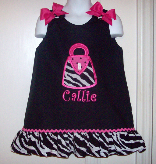 Hot Pink & Zebra Purse Applique Monogam Black A-Line Dress With Ruffle