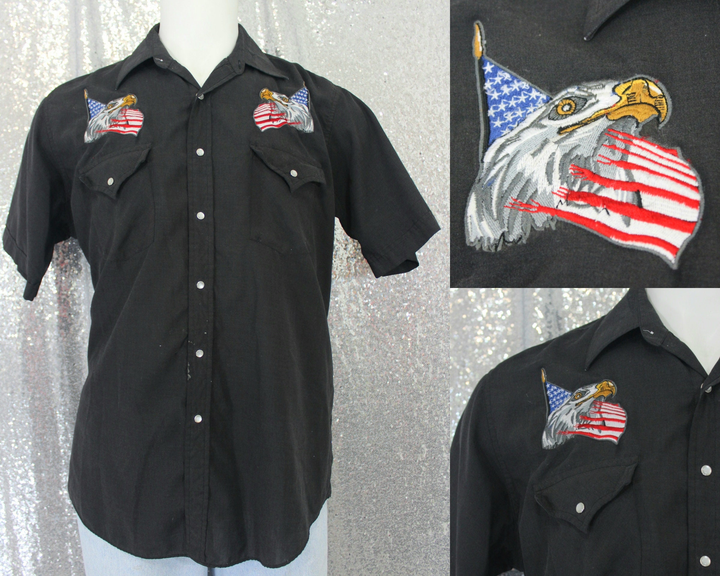 80S/90S Vintage Black Poly Cotton Blend Western Pearl Snap Short Sleeve Shirt With American Flag & Bald Eagle Embroidery Size Large