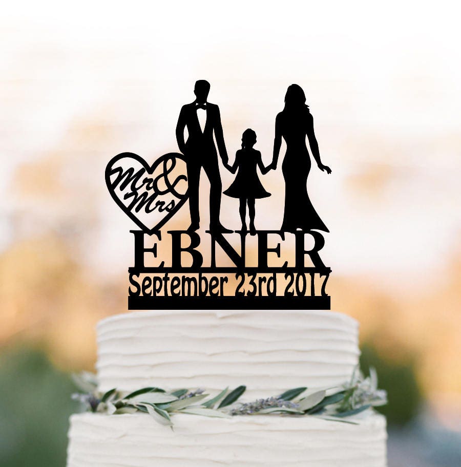 Silhouette Wedding Cake Topper With Girl, Bride & Groom Daughter Family Customized Wedding Cake Toppers