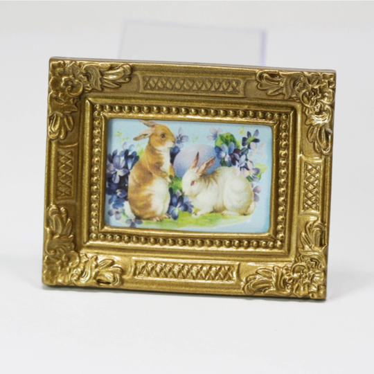 Dollhouse Miniature Victorian Bunny Print in A Gold Embossed Frame