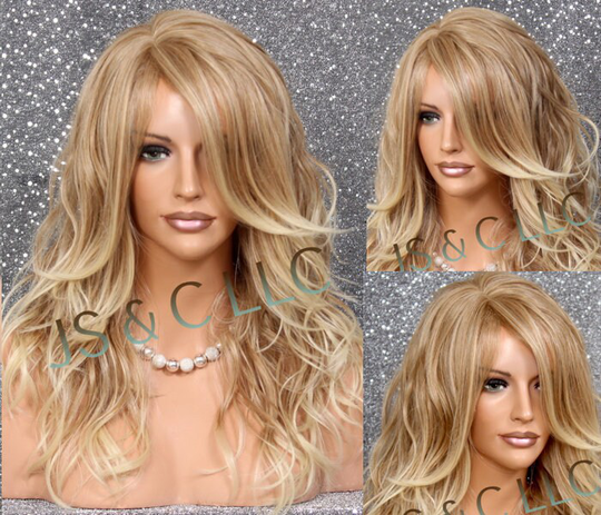 Natural Human Hair Blend Wig Ombre Blonde Mix Relaxed Waves Full Long Bangs Off Center Parting Cancer Alopecia Theater Cosplay