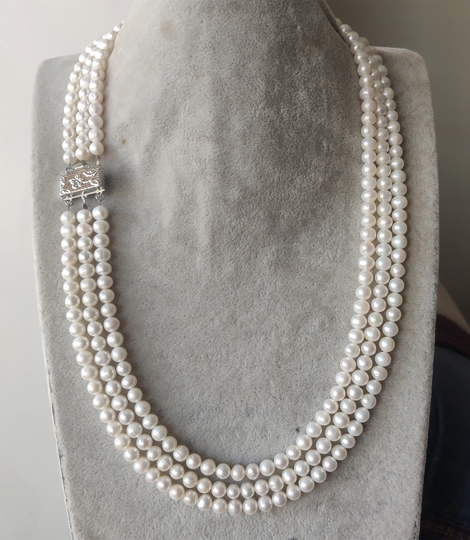 Real Pearl Necklace, Cultured Small 6-6.5mm White Fresh Water 3 Row Real Bride Bridesmaid Wedding Party Necklace
