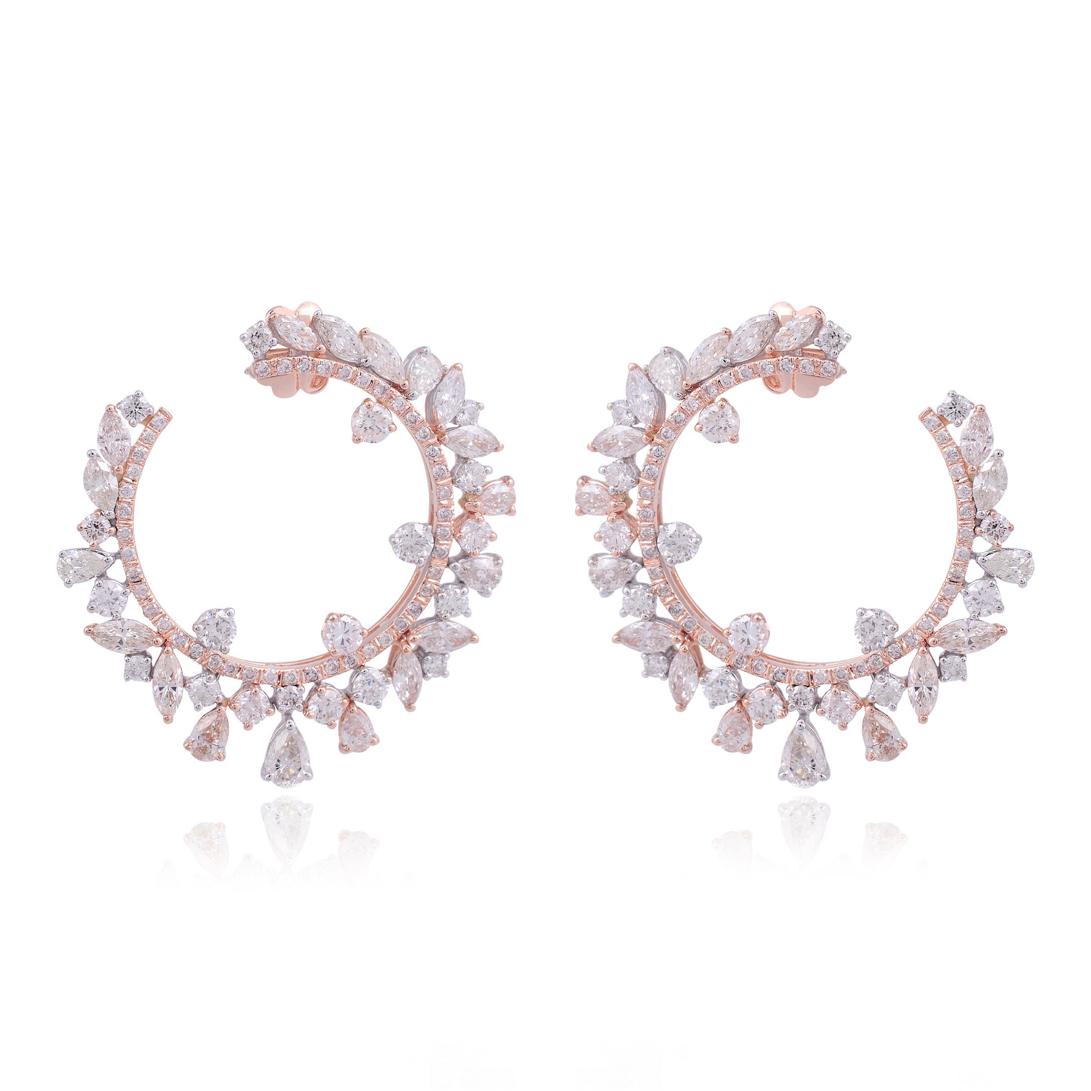 Open Circle Diamond Stud Earrings in 14K Rose Gold Natural 8.40 Ct Hi/Si Round, Pear & Marquise Shape Handmade Wedding Jewelry