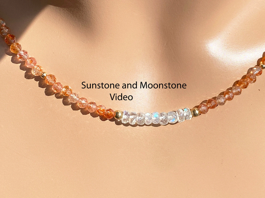 Natural Sunstone & Neon Blue Moonstone Necklace/ Orange, Gold Yellow, Sparkle/ Sterling Silver/14K Yellow Or Rose Filled