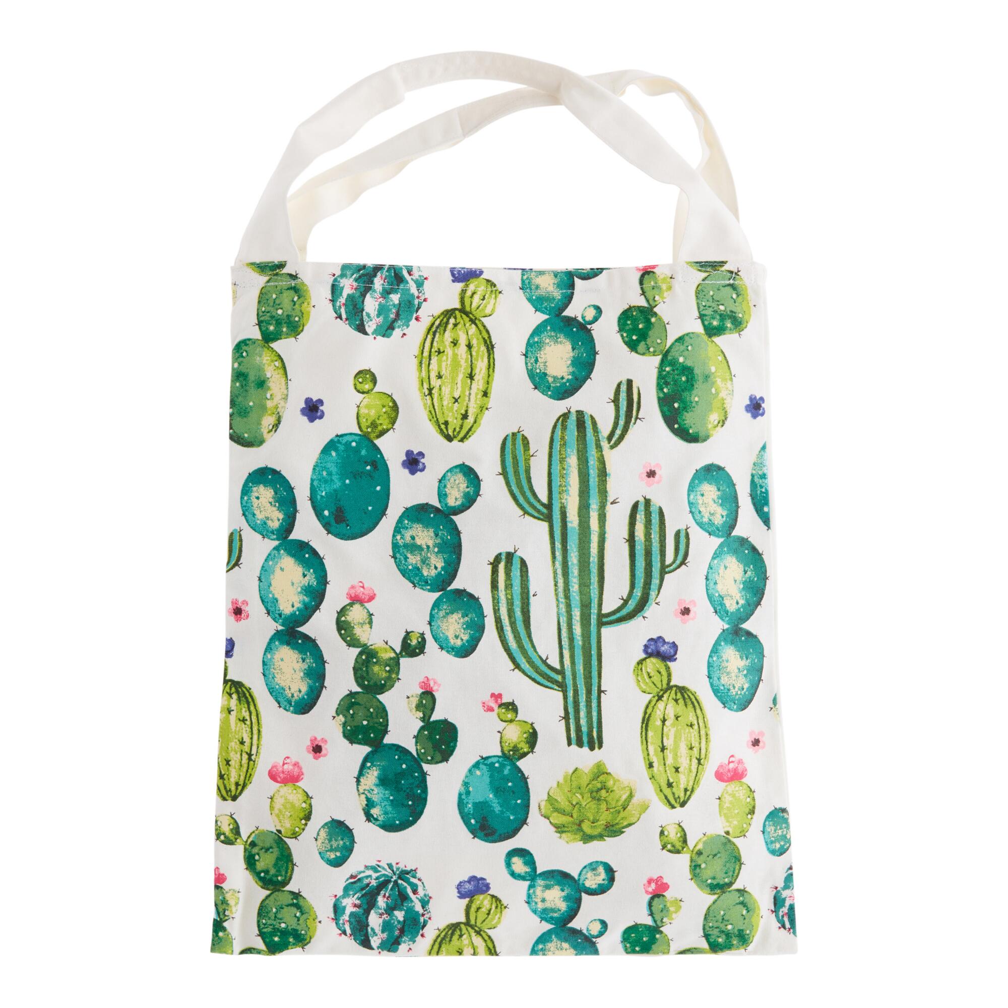 Watercolor Cactus Canvas Tote Bag: Green/White/Multi - Cotton by World Market