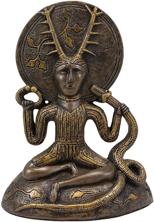 Seated Celtic Horned God Herne Cernunnos With Deer Antlers & Earth Disc