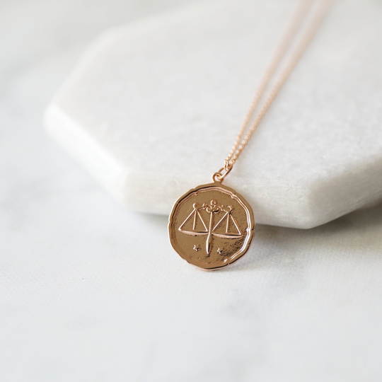 Rose Gold Libra Sign Coin Necklace, Zodiac Jewelry, Celestial Jewelry, Constellation Necklace, October Birthday Gift, Bridesmaid Gift